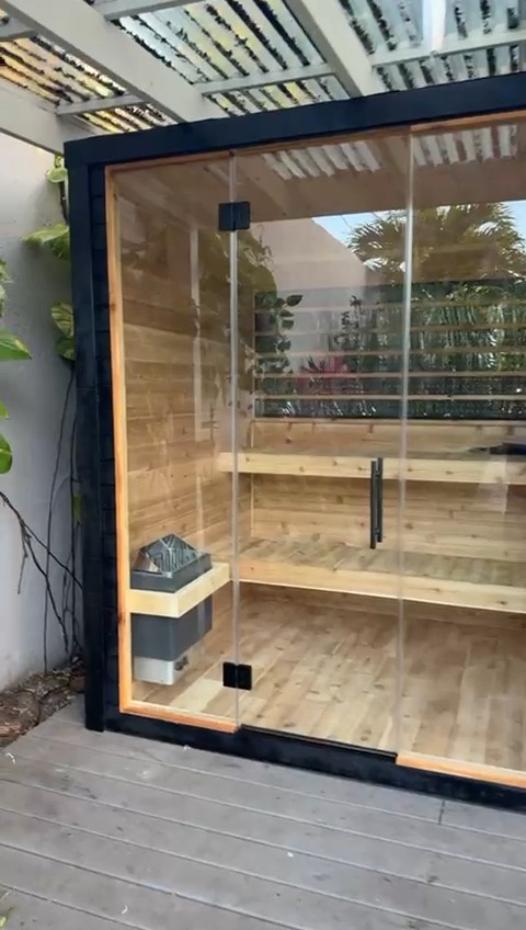 Angled view of the black-clad sauna's glass front by a wall with a climbing vine; heater and benches visible inside